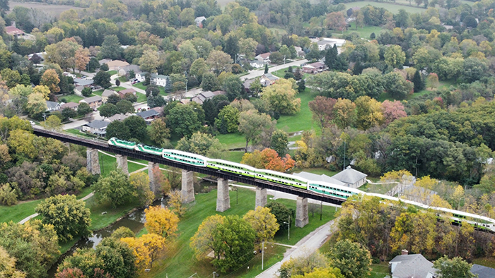 A GO Train goes over London Bridge in St. Marys during testing for the pilot project. 