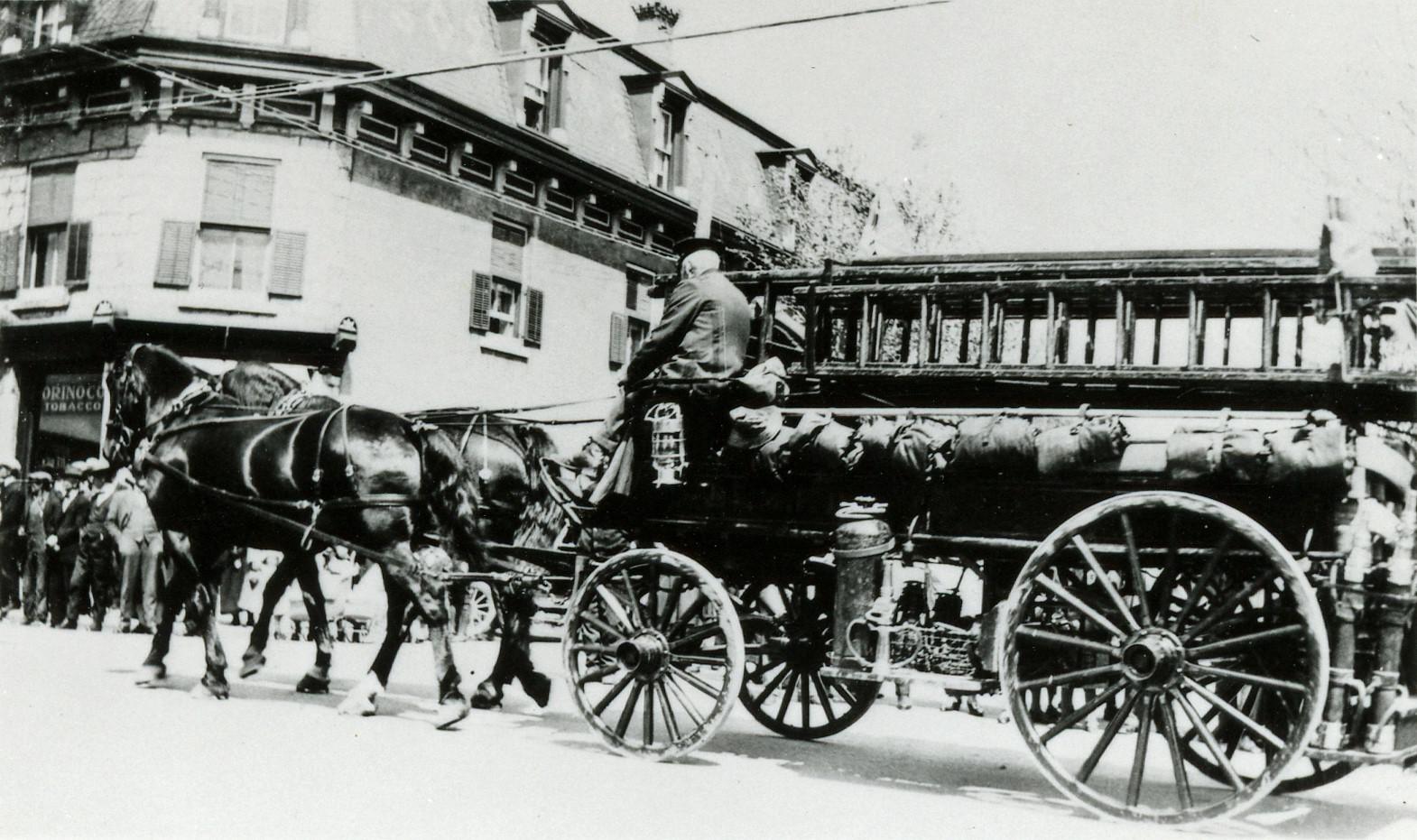 This horse drawn wagon pulls the St. Marys Fire Brigade’s hooks and ladders.