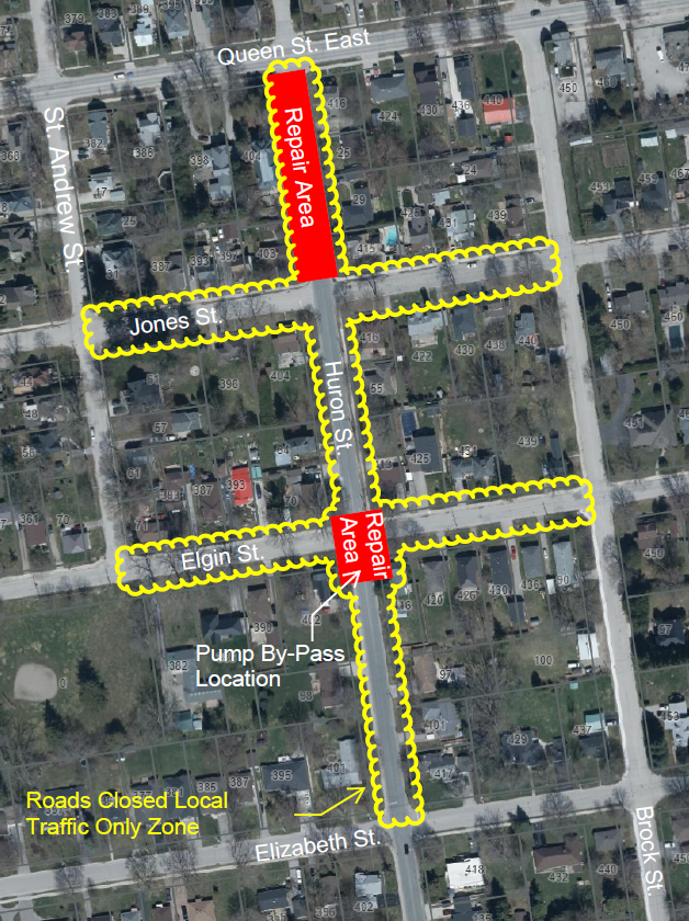 Map of St. Marys with sections of Huron St, Elgin St and Jones St. highlighted to show road closures