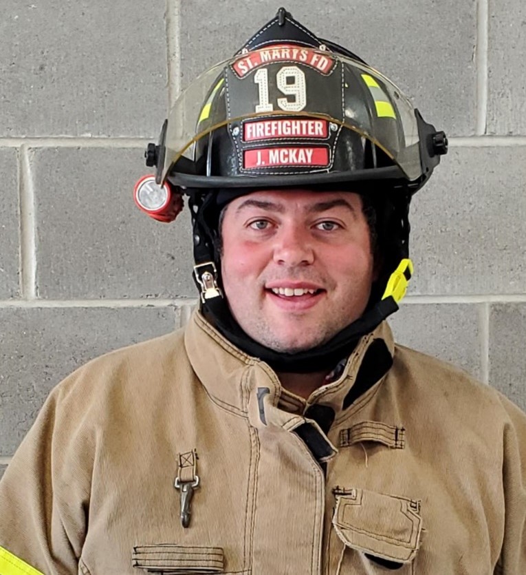 Josh McKay in his full St. Marys Firefighter gear.