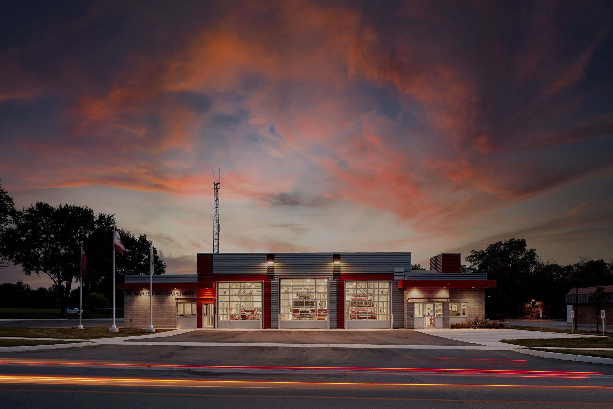 The fire station at sunset.