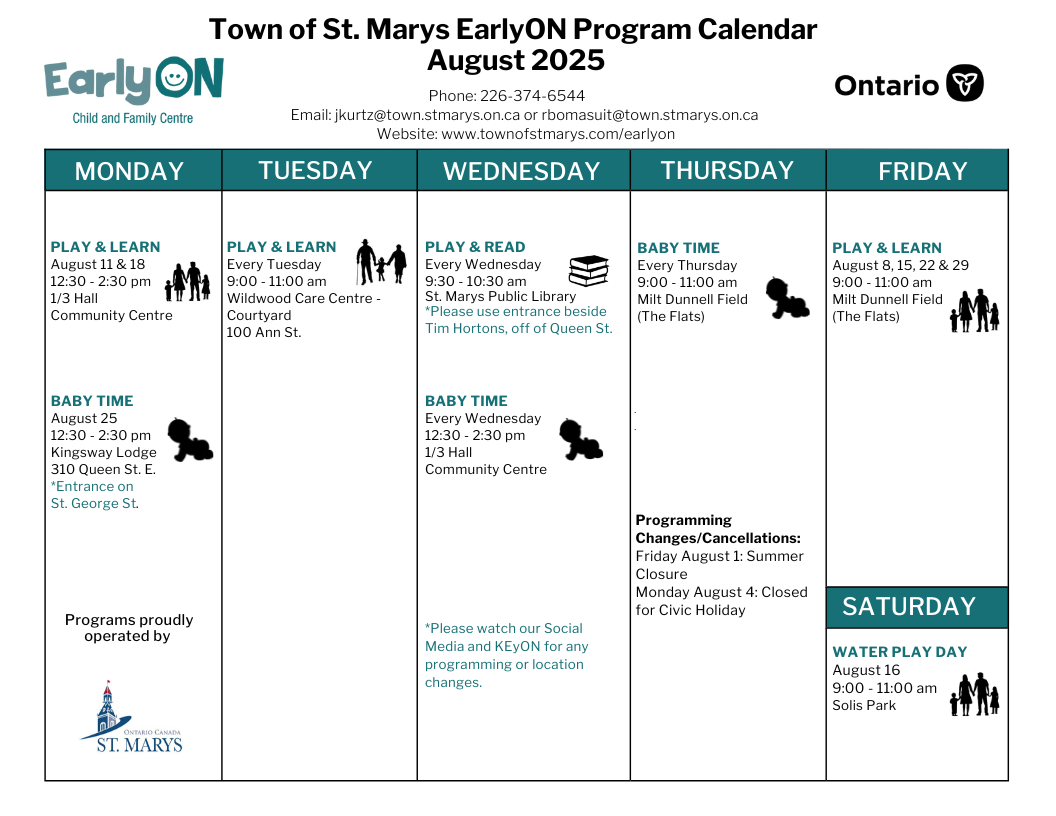 Photo of the calendar outlining the weekly program schedule for EarlyON
