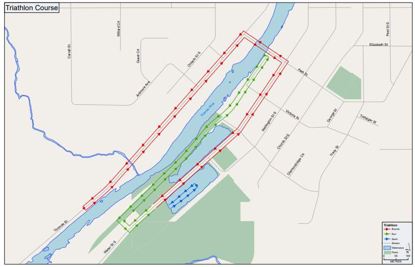 Map of road closures for the Stonetwon Triathlon