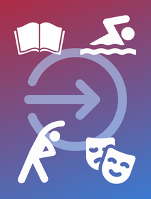 Arrow in circle with book, swimmer, exercise person and drama masks