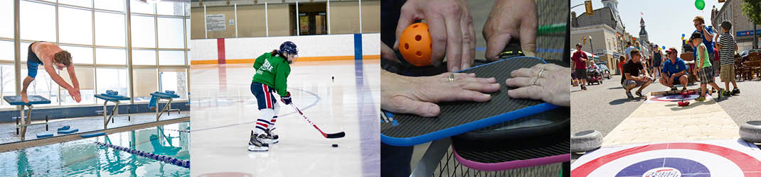 Photo of diver, hockey player, pickleball rackets and hands and curling activity