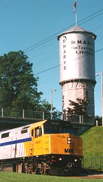 VIA Train approaching Grand Trunk Rail Station.  Image courtesy Stonetown Books.