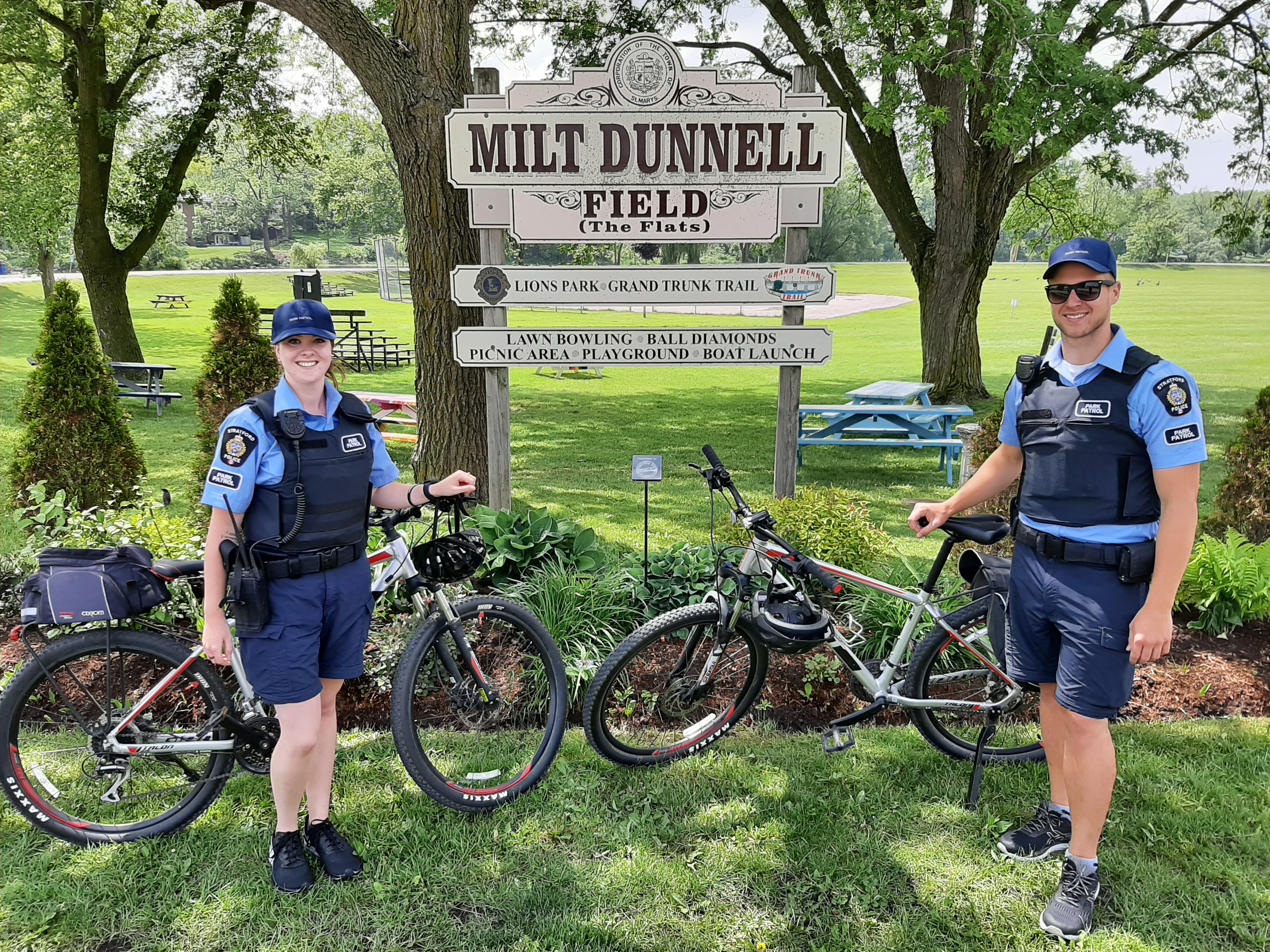 New Park patrollers Gracie Dafoe and Marcel Lundrigan assist Stratford Police Services in St. Marys.