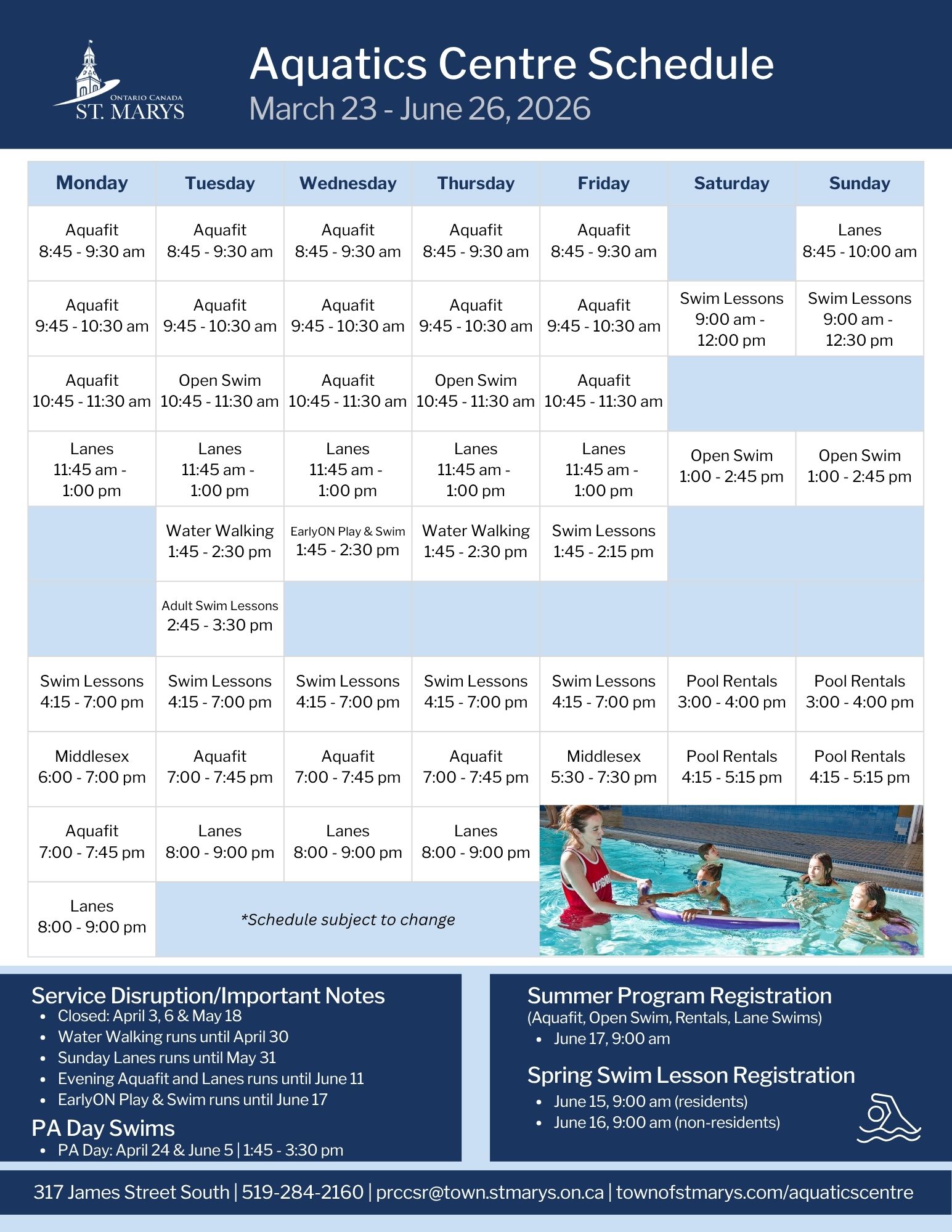 Aquatics Centre Schedule March 23 -June26, 2026