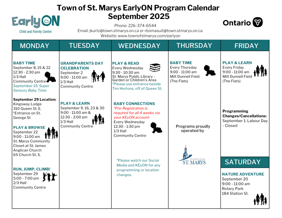 EarlyON September 2025 Calendar