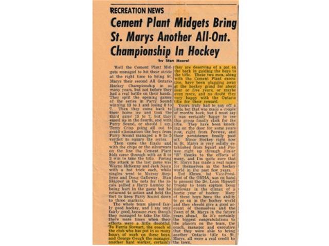 News article clipping of hockey team championship win announcement
